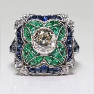 Gorgeous Art Deco Sterling Silver Emerald Sapphire square ring size 9
